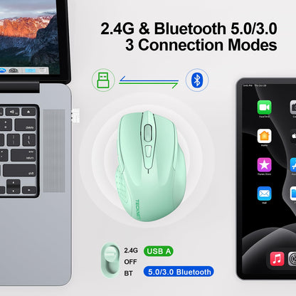TECKNET Wireless Mouse (BT5.0/3.0 & 2.4G) Rechargeable 4800 DPI Silent USB A & Bluetooth Mouse 6 Buttons, Wide Compatibility - Grey
