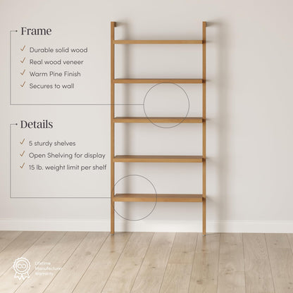Nathan James Beacon Bohemian 5 Tier Bookshelf, Wall Mounted Bookcase, Solid Wood Bookshelf in Warm Pine