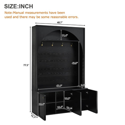 Merax Farmhouse Hall Tree with Bench and 3 Cabinets, 4-in-1 Entryway Coat Rack with 4 Golden Hooks and Top Compartments, 77.5" Retro Arched Entryway Hall Tree for Hallway, Mudroom, Entrance, Black