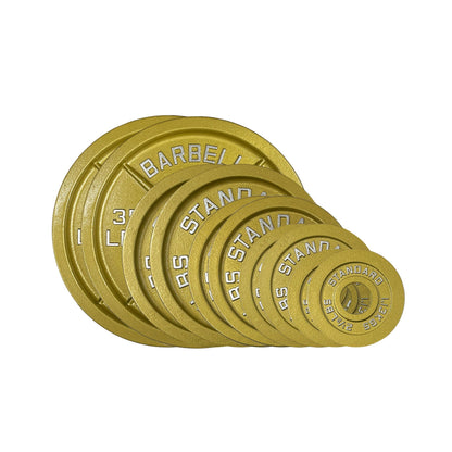 Gold Finish Olympic Steel Plates - Pairs and Sets 2 Inch Barbell Standard in Premium Gold for Weight Lifting (155lb Set)