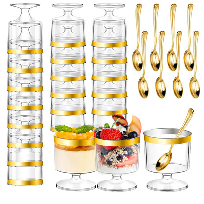 DI QIU REN 120 Pcs 5oz Dessert Cups with Gold Rim and Golden Spoon, Plastic Dessert Parfait Cup Clear Appetizer Pudding Cup, Round Serving Goblet Cups Shot Glasse (Round Goblet with Gold Rim-60Pack)