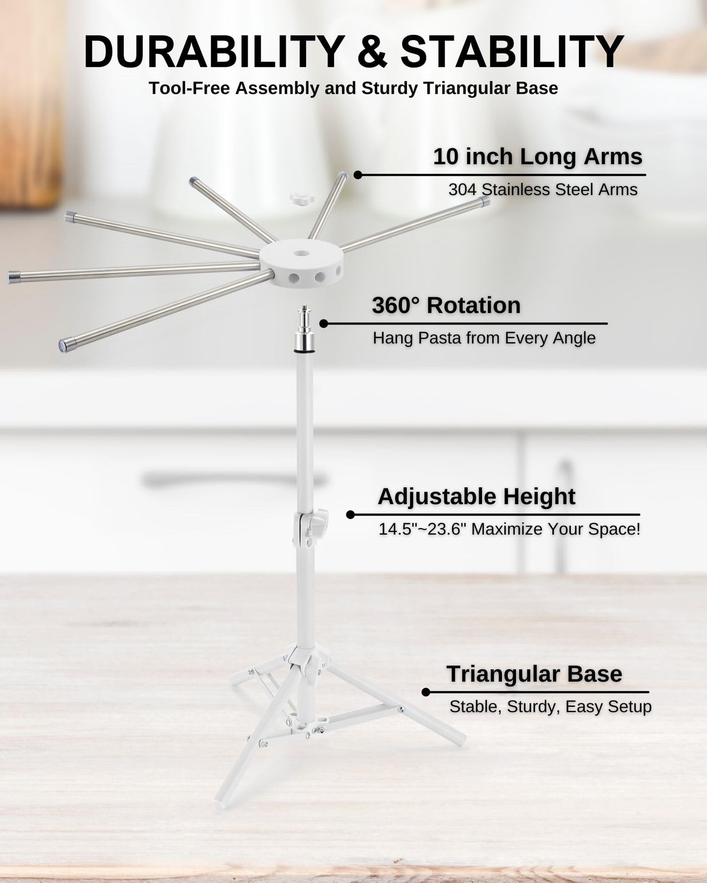 MUMSUNG Pasta Drying Rack Collapsible, 360° Rotating, Adjustable Height(14.5"-23.6"), 304 Stainless Steels Arm, Large Noodle Dryer Foldable with Ravioli Wheel for Homemade Fresh Pasta Spaghetti