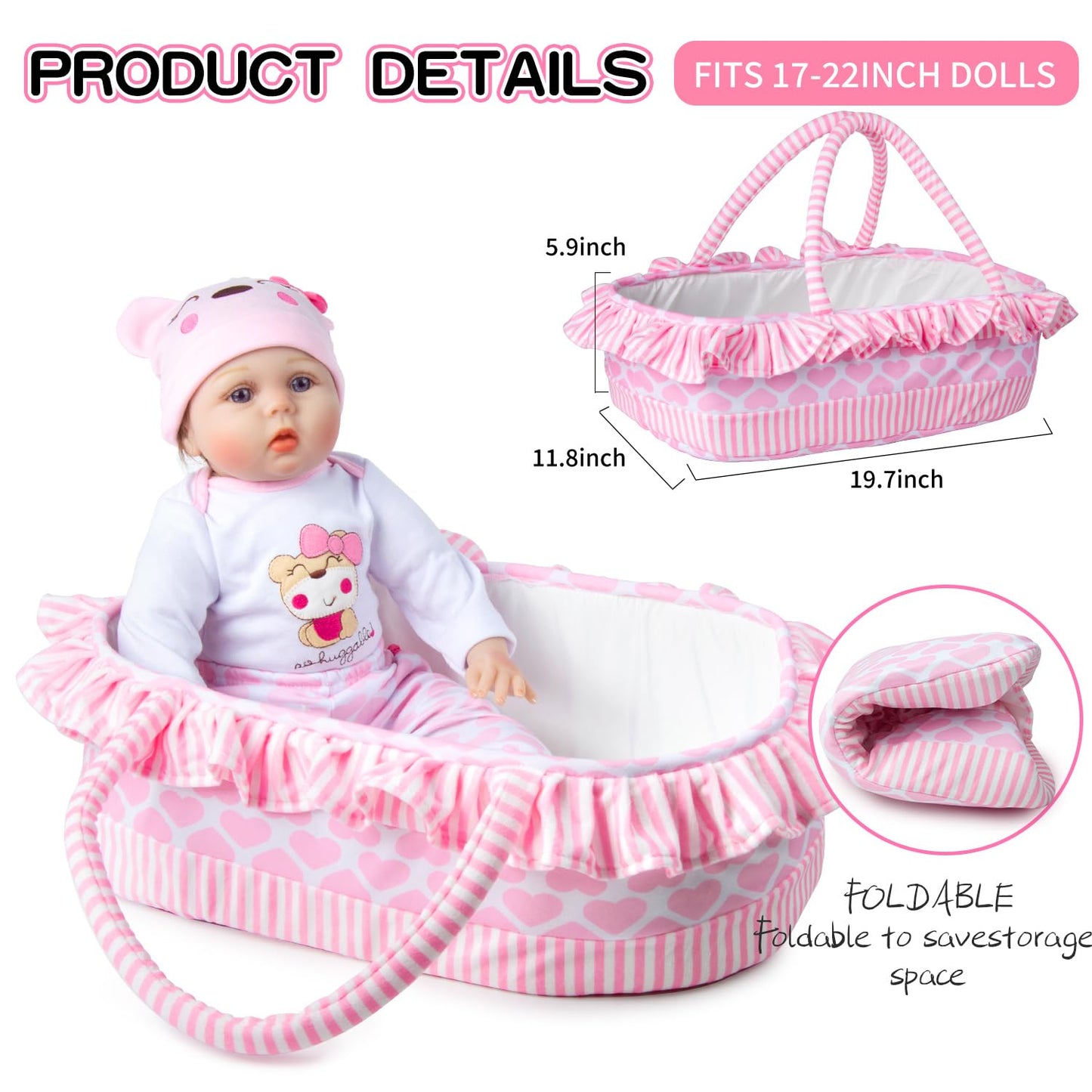 9 PCS Reborn Baby Doll Clothes Set with Pink Bassinet Accessories for 18-22 Inch Reborn Dolls,Newborn Baby Doll Clothes & Blanket