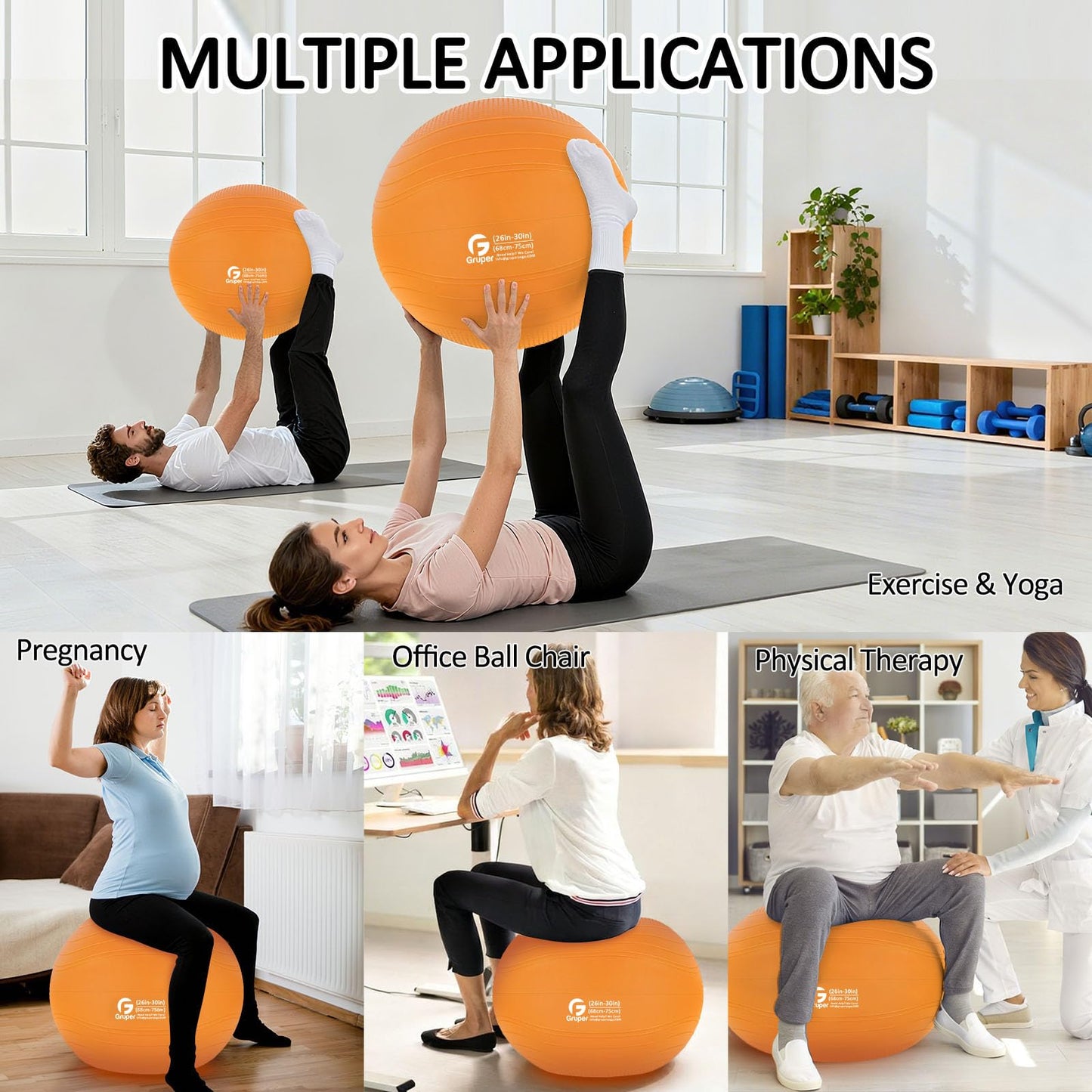 Gruper Yoga Ball, Multiple Sizes Non Slip Exercise Ball for Workout, Birthing, Balance, Stability, Pregnancy, 2200LB Capacity, Anti Burst Chair for Home and Office, Includes Quick Pump & Fitness Guide