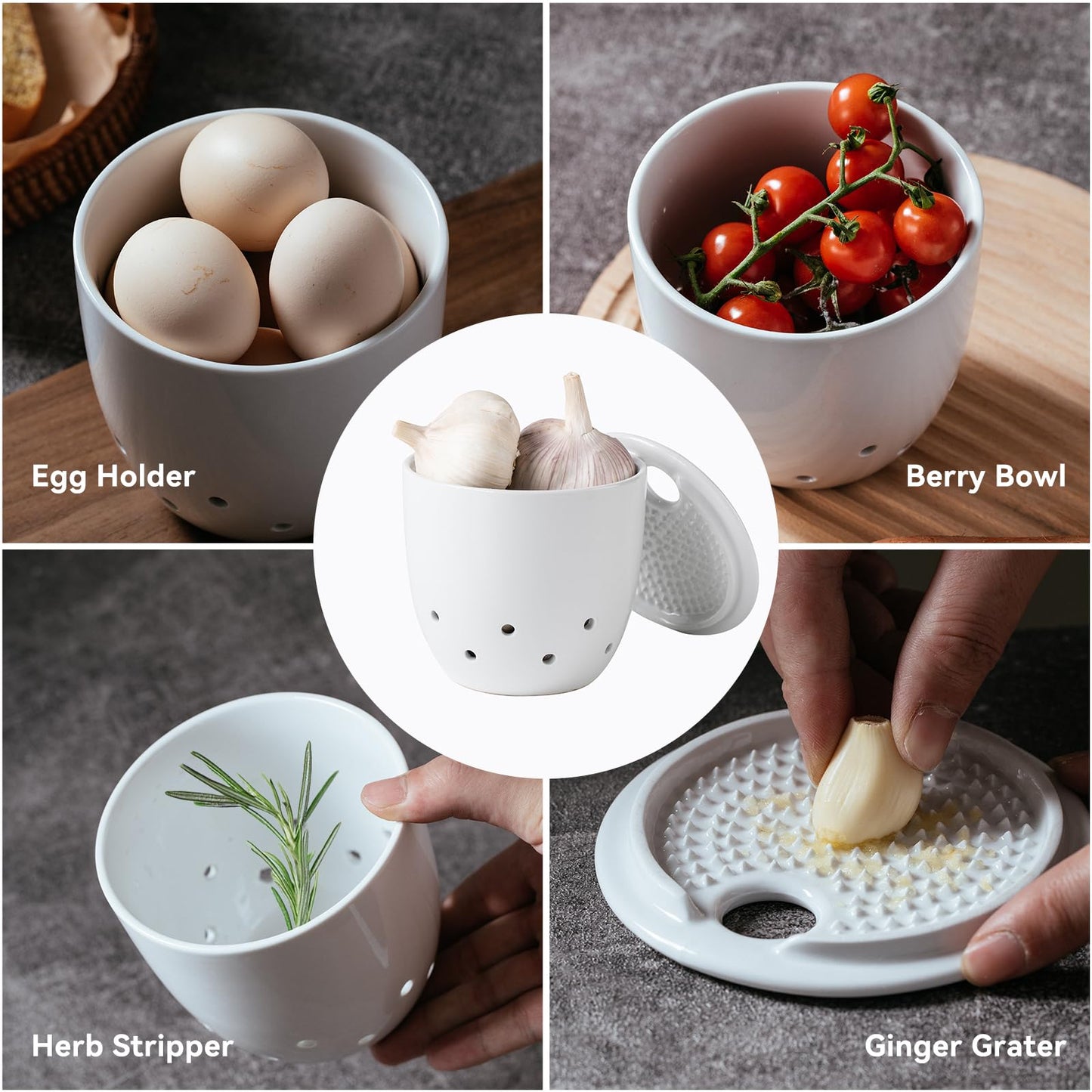 ABESTWARE Garlic Keeper with Lid, Garlic Holder with Ginger Grater, Ceramic Garlic Keeper, Modern Kitchen Countertop Organizer