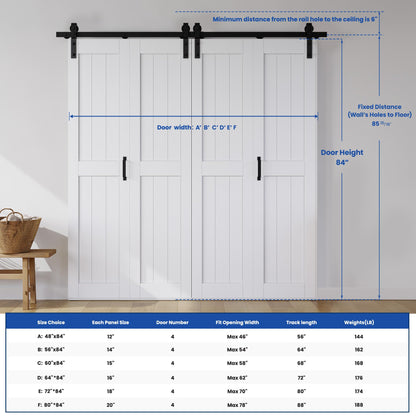 Bifold Barn Door 60" x 84", MDF Bi-Fold Sliding Closet Doors with Hardware Kit Included, Pre-Finished Easy Assembly, Water-Proof PVC Surface & Save Space, H-Frame, 68" Track for 4 Doors,White