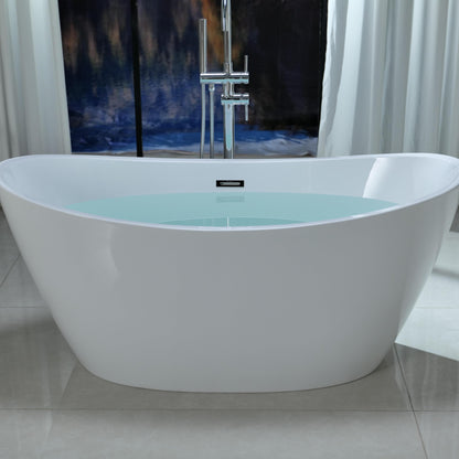 Empava 59" Freestanding Bathtub – Deep Soaking Acrylic Tub for Small Bathroom, Non-Slip Flatbottom, Stress Relief Home Spa, Brushed Nickel Drain & Overflow, Single Adult, Glossy White