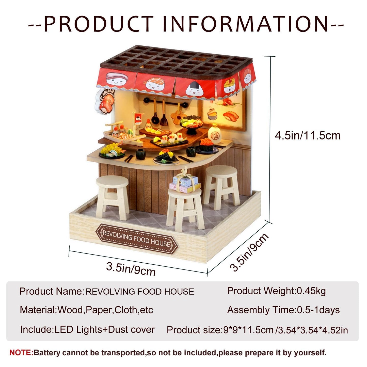 Miniature House Kit, CUTEROOM Tiny House Kit Wooden Dollhouse Kit Mini House Making Kit with Dust Cover, DIY Sushi Dollhouse Kit Birthday Gift (Food House)