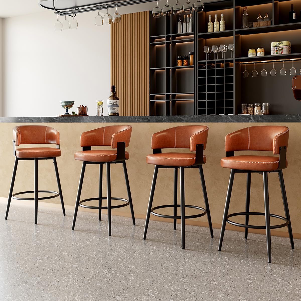 IZXGS Bar Stools Set of 4, 30" Swivel Bar Height Bar Stools with Curved Back, Mid-Century Modern Faux Leather Bar Chairs with Stitching for Kitchen Island, Dining, Living Room, Vintage Brown