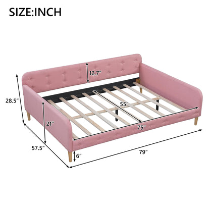 GDFStudio Full Size Upholstered Daybed with Support Legs, Linen Sofa Bed Frame with Button Tufted Sides, Wood Slat Support, No Box Spring Required, Modern Guest Bed for Bedroom or Living Room, Pink