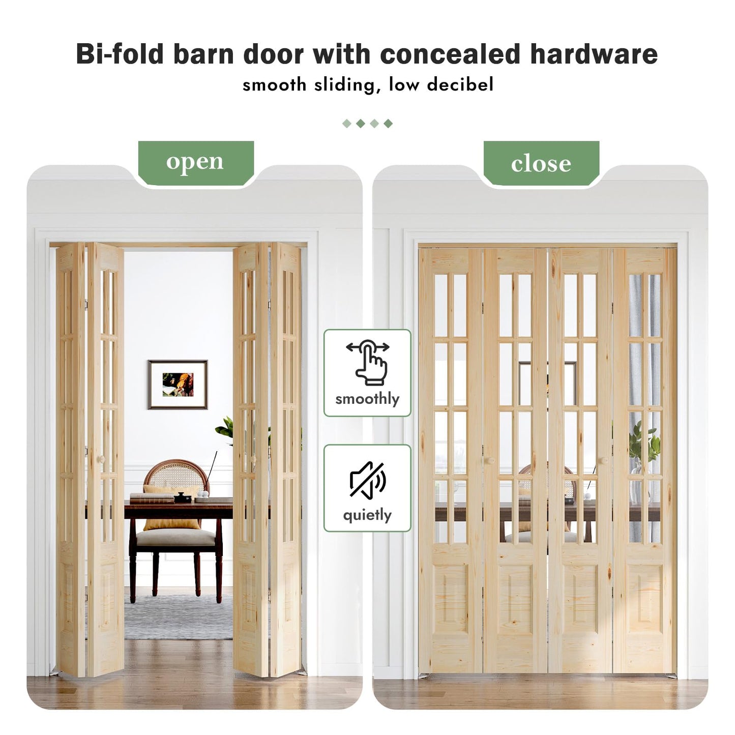 Roymelo Bifold Doors for 48"×80" (Four 12x80) Opening, Clear Glass French Interior Folding Barn Door with Concealed Hardware Kit Included, Spruce Wood Support DIY Dyeing, Preassembled Door, Save Space