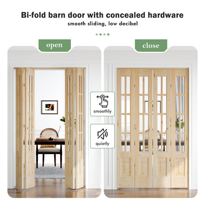 Roymelo Bifold Doors for 48"×80" (Four 12x80) Opening, Clear Glass French Interior Folding Barn Door with Concealed Hardware Kit Included, Spruce Wood Support DIY Dyeing, Preassembled Door, Save Space