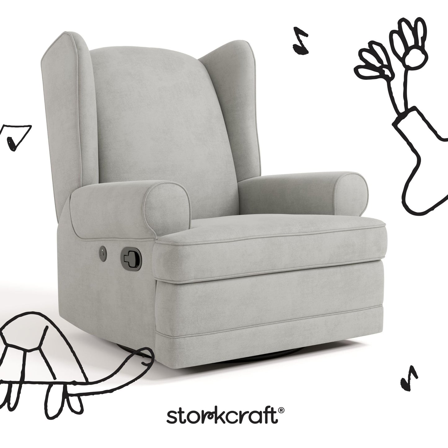 Storkcraft Serenity Upholstered Swivel Glider with USB Charging Port (Steel) – Fully Upholstered Wingback Nursery Glider Recliner with Manual Recline Function, Rocking Chair, 360 Swivel Base