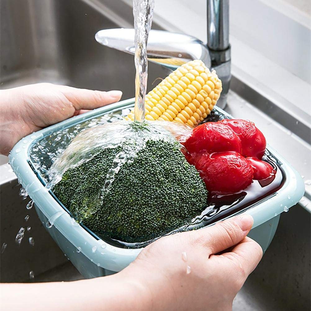 Colander Set with Strainer Bowl, Kitchen Colander with Lid Household Double Layer Fruit Washing Basket Multifunction Storage Containers for Fruits Vegetable (Blue)