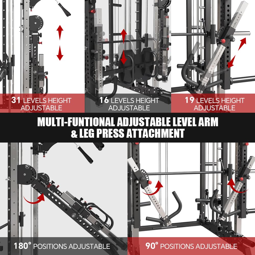 FAGUS H Black Commercial Smith Machine with Smith Bar, 4000LB Power Cage Squat Rack with Lever Arm, Leg Press, LAT Pull Down System, Multi-Function Linear Bearing Cable Crossover Machine for Home Gym