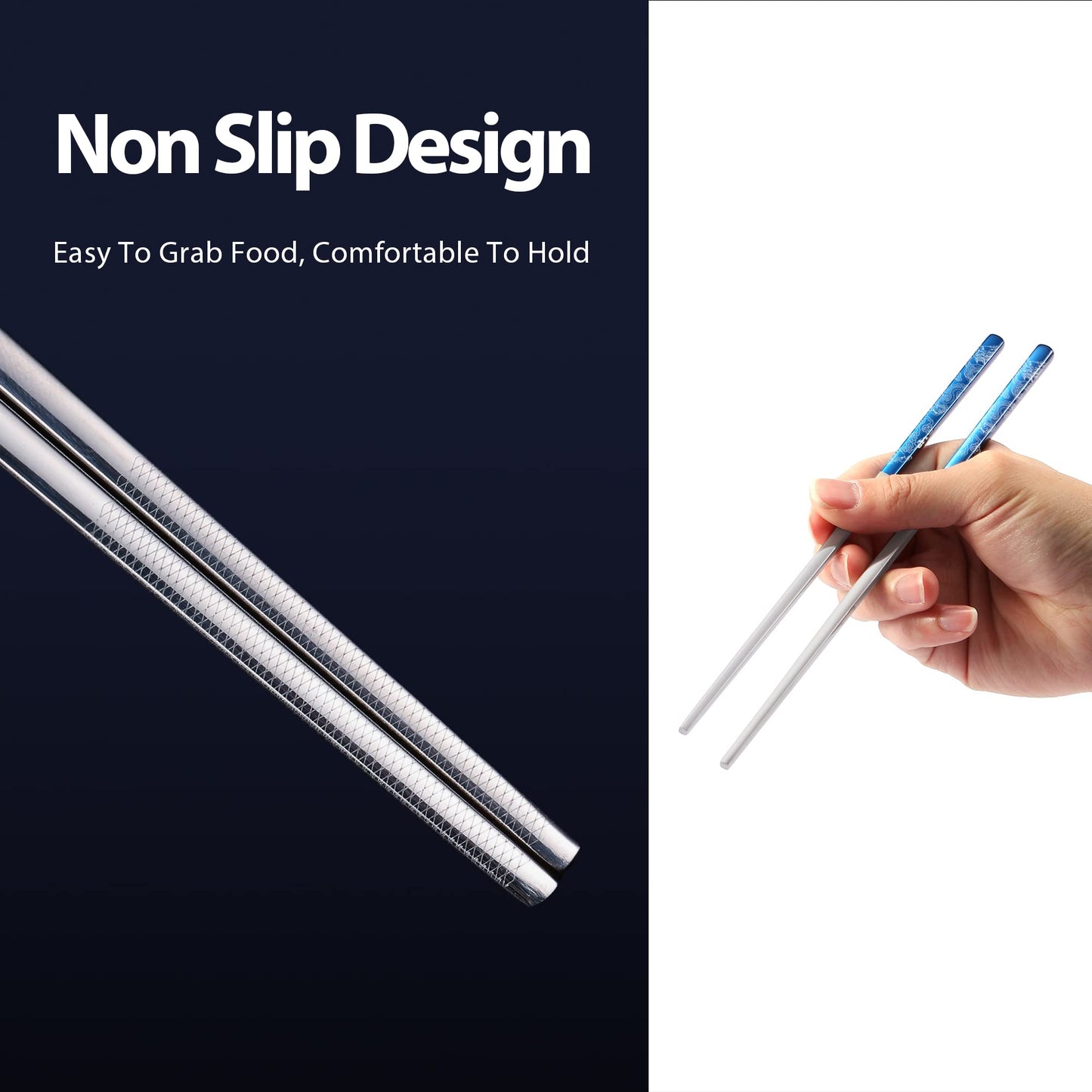 Hagary Dragon Chopsticks Metal Reusable Designed In Korea Japanese Style Stainless Steel 316 18/10 Non-Slip Dishwasher Safe Laser Etched (Blue - 5 Pairs)