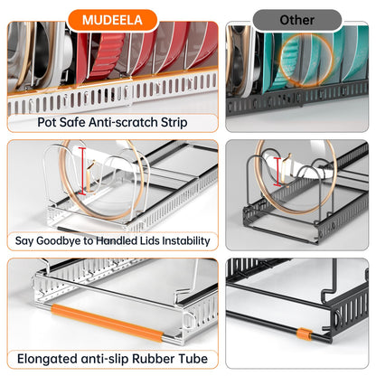 MUDEELA Pots and Pans Organizer Rack for under Cabinet, Expandable 11.81''-22.85'' Pot Lid Kitchen Cabinet Organizer Holder with 10 Adjustable Compartment Cutting Board Organizer for Pan Lid, Bakeware