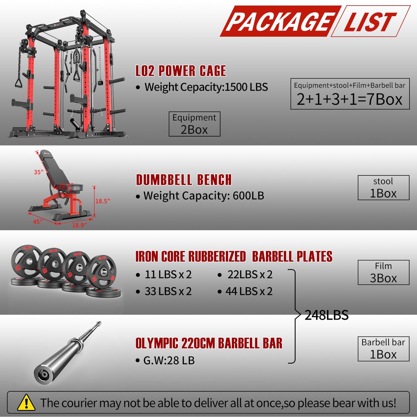 Power Rack Power Cage Multi-Function Squat Rack with Cable Crossover System Selectable More Training Attachment Power Rack for Garage & Home Gym (Red, D Set L02+Weight Bench+（Pole+Cast Iron） 248LBS)