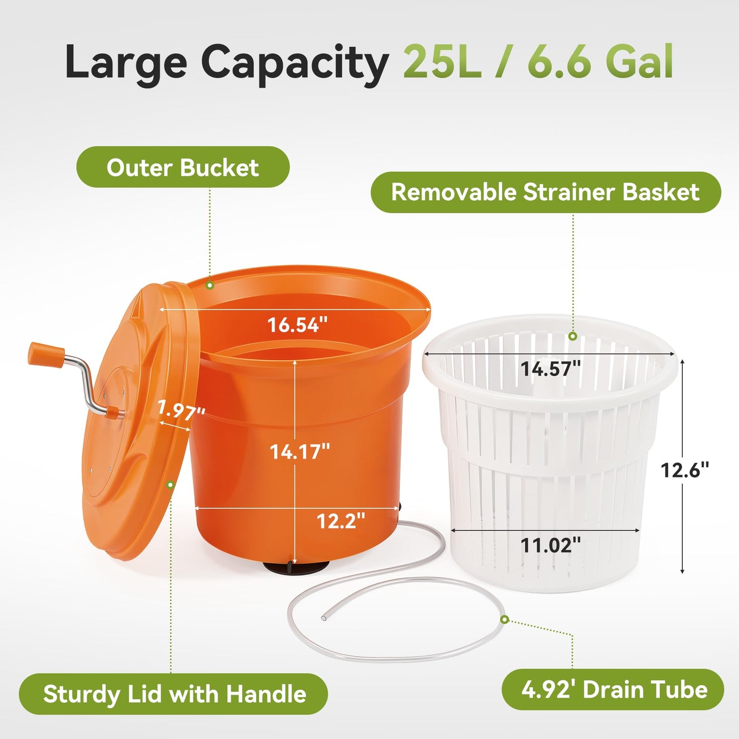 Fnova Commercial Salad Spinner, 6.6 Gal / 26.42 Qt Salad Spinner with 4.92 ft Drain Tube & Anti-Slip Feet, Large Manual Lettuce Spinner for Catering, Home, Farm