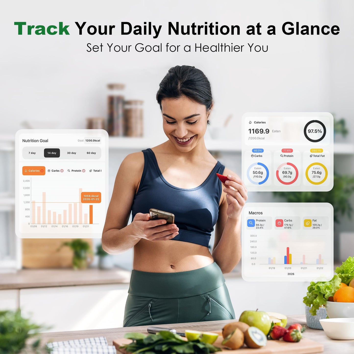Ultrean Smart Food Kitchen Scale with Nutritional Calculator, App for Macro & Calorie Tracking, AI Scan, Digital Grams and Ounces for Weight Loss, Rechargeable, Stainless Steel, 33lb /15kg