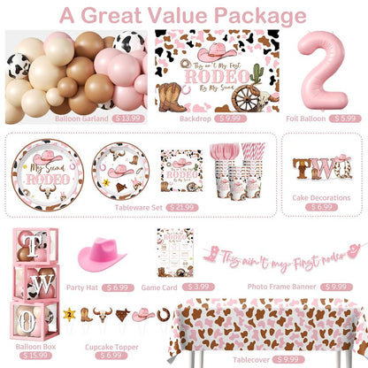 Fexivo 300pcs This Ain't My First Rodeo It's My Second Complete Party Set, for 25 Guests, Rodeo Western Cowgirl 2nd Birthday Decorations for Girl, Includes Plates Backdrop Balloon Arch Tablecloths