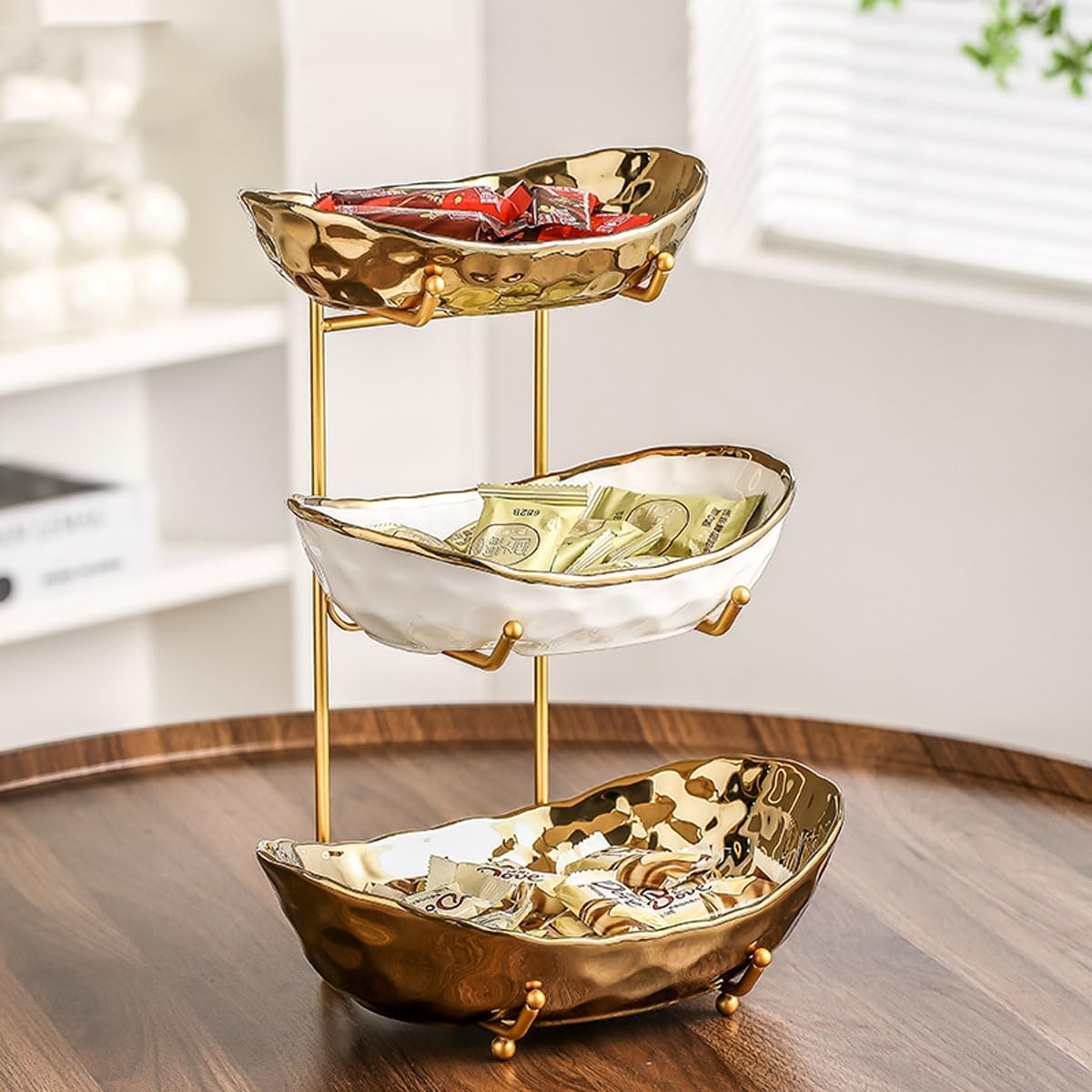 Afeyibu 3-Tier Fruit Bowls for Kitchen Counter,Ceramic Bowl with Gold Metal Stand,3 Tier Fruit Basket for Fruit,Snack,Cake,Nuts,Dessert Storage