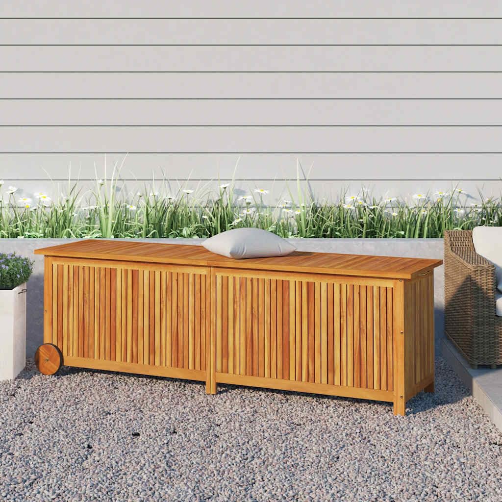 RCODSSK Solid Wood Acacia Patio Storage Box with Wheels, 59.1x19.7x22.8 Inch Outdoor Cushion Box for Garden Furniture and Toys