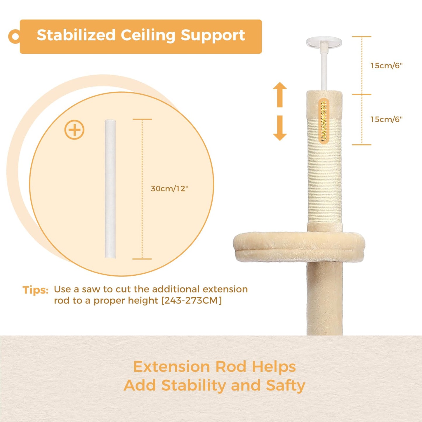 PETEPELA Floor to Ceiling Cat Tree, Cat Tower 5-Tier Height(95-107 Inches) Adjustable, Tall Cat Climbing Tree Featuring with Scratching Post, Cozy Bed,Interactive Ball Toy for Indoor Cats/Kitten Beige