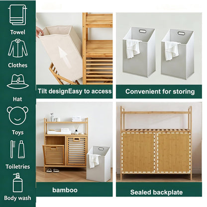 Tilt Out Bamboo Laundry Hamper Cabinet, 2 Removable 70L Bags, 2-Tier Shelves, 31.5"x11.8"x36.8" Freestanding Organizer for Bathroom Laundry Room & Bedroom
