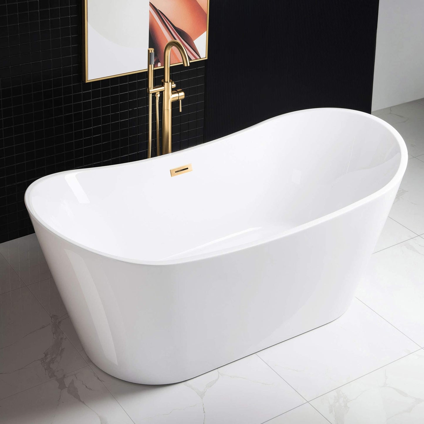 WOODBRIDGE 67" Acrylic Freestanding Bathtub Contemporary Soaking White Tub with Brushed Gold Overflow and Drain,B0010-BG