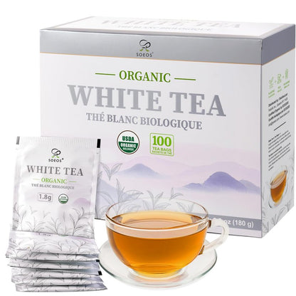 Soeos Organic White Tea, 100 Tea Bags, Individually Wrapped Teabags, Low Caffeine, Subtle Floral Aroma & Smooth Taste, Quality Tea for Everyday Brewing, Perfect for Hot or Iced Tea Lovers, 6.3oz (180g)