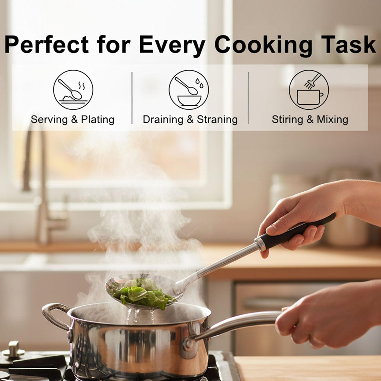 Stainless Steel Cooking Spoons Set – Includes Slotted Spoon, Serving Spoon & Soup Ladle, Heat-Resistant, Dishwasher Safe, Ergonomic Handles for Home & Commercial Use