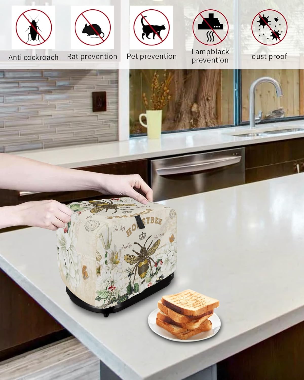 Toaster Cover, 2 Slice Bees Flowers, Bread Toaster Oven Cover with Pockets, Small Kitchen Appliance Protector