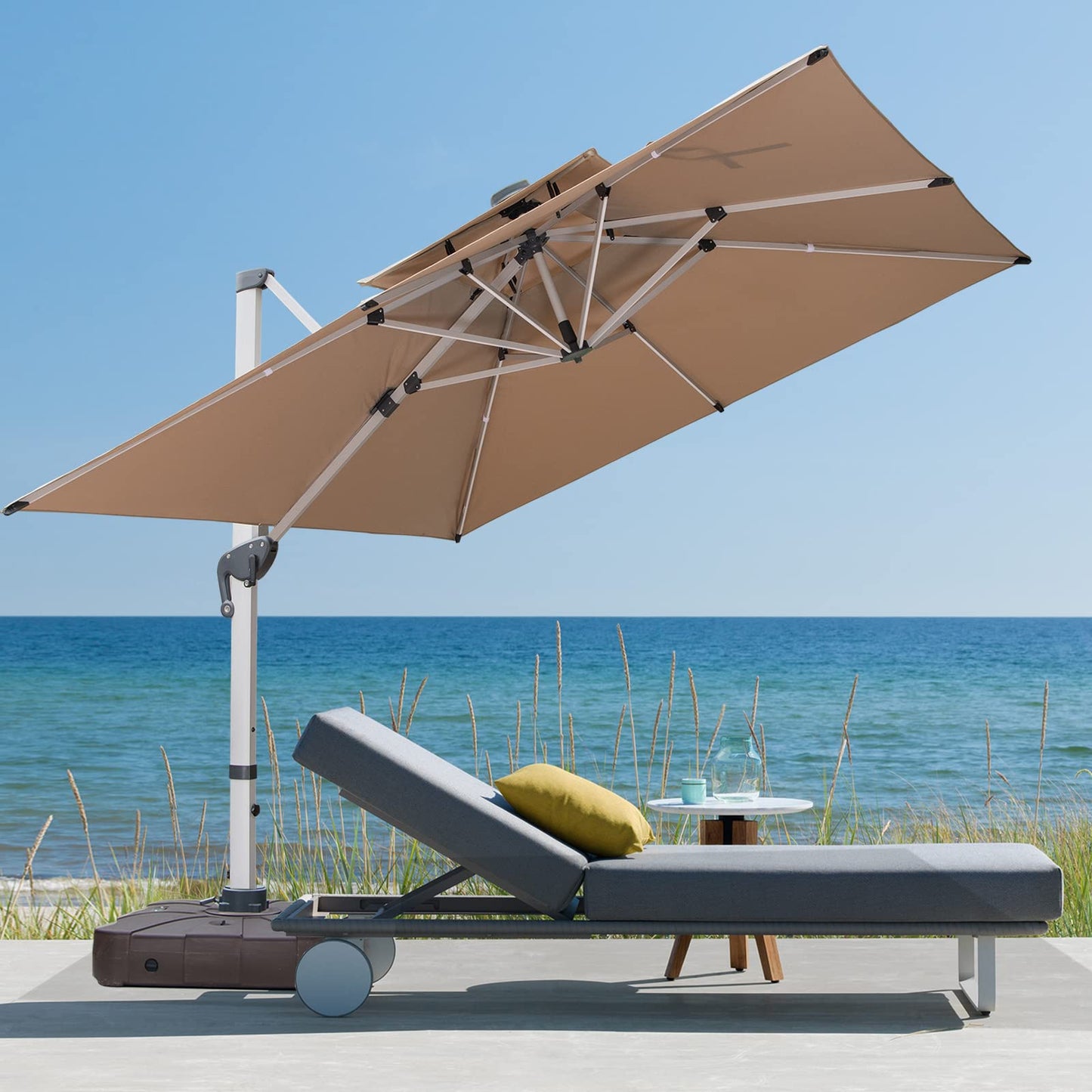 Mojia Cantilever Patio Umbrella with Cross Base and Cover Included - 360° Rotation Large Heavy Duty Offset Outdoor Umbrella with Easy Tilt for Pool Backyard Deck Garden (10x10 FT Khaki)
