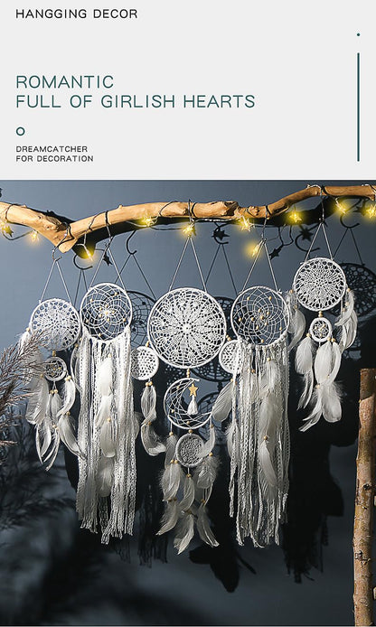 Boho Dream Catcher Wall Hanging Set of 5 Large Moon Dream Catchers with Luxurious Feathers and Beads, Handcrafted Wall Decoration for Bedrooms, Nurseries and Living Rooms (Gray)
