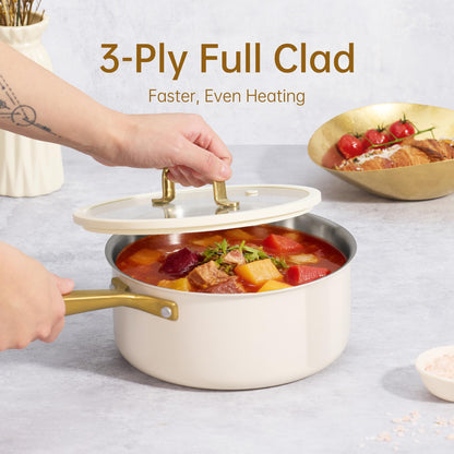 CAROTE 1.5Qt & 3.0Qt Stainless Steel Saucepan Set with Steamer & Ladle, Non-Toxic 3-Ply Stainless Steel Pot with Lids, Small Pots for Cooking, Oven Safe, Induction Compatible Cookware