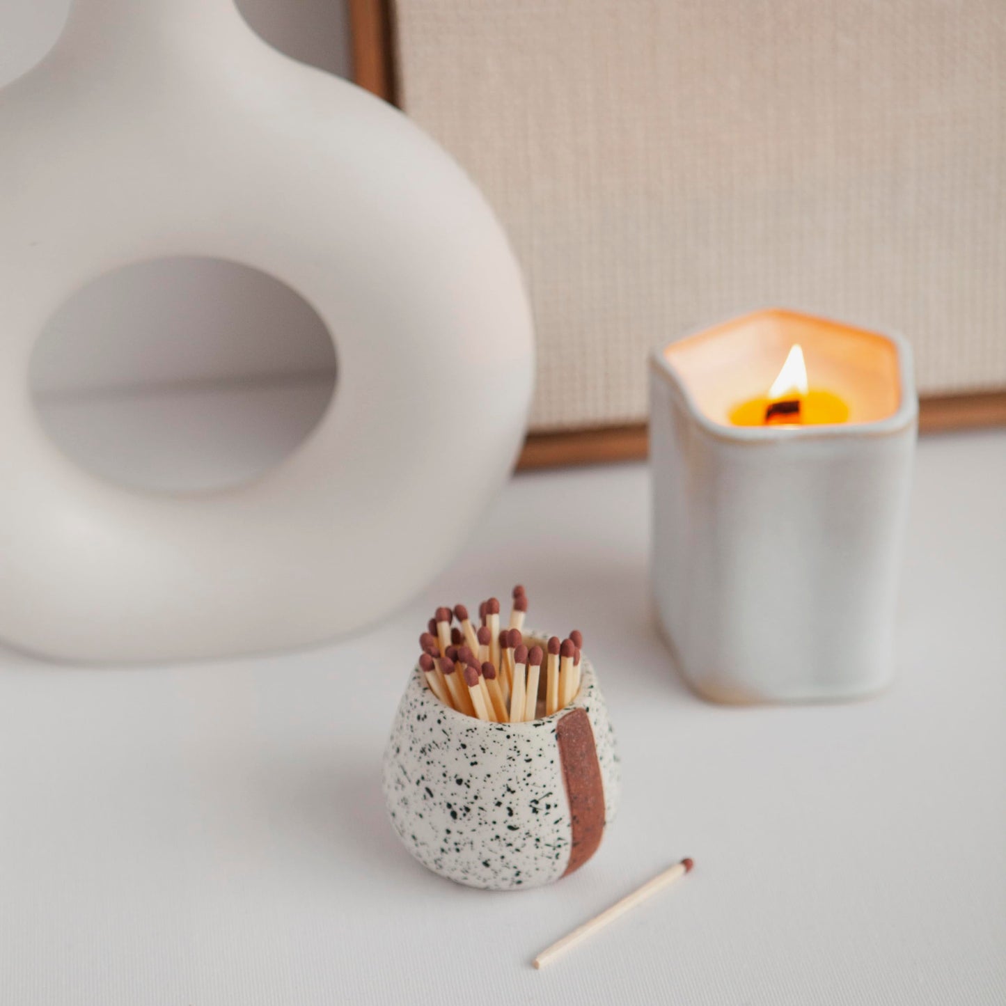 Ceramic Match Holders with Striker - Set of 2 - Decorative Modern Home Decor Gifts - Mantel Decorations - Matches NOT included