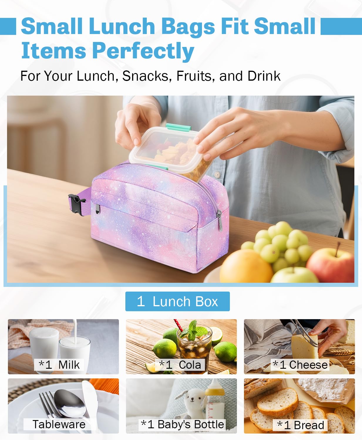 Neverwhy Small Insulated Snack Bag Lunch Box,Collapsible Reusable Small Lunch Bag with Snap Buckle Handle for Beach Travel Picnic,Pink Starry Sky 5-Can(3L)