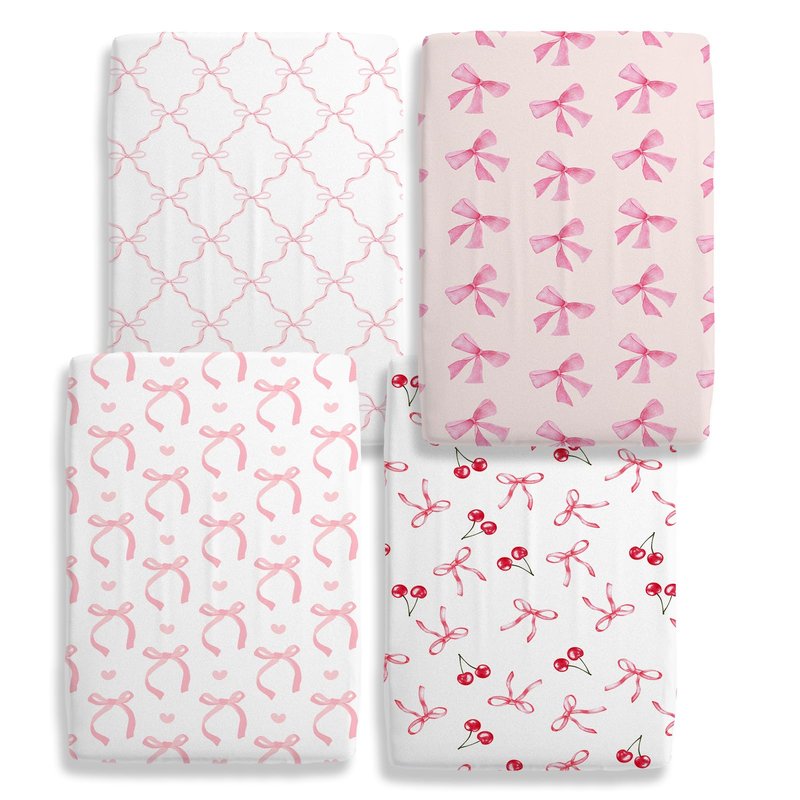 4 Pack Pink Bow Crib Sheet Set for Baby Girl, Soft Breathable Fitted Crib Sheet 28 x 52 in, Nursery Decor for Standard Crib and Toddler Bed Mattresses