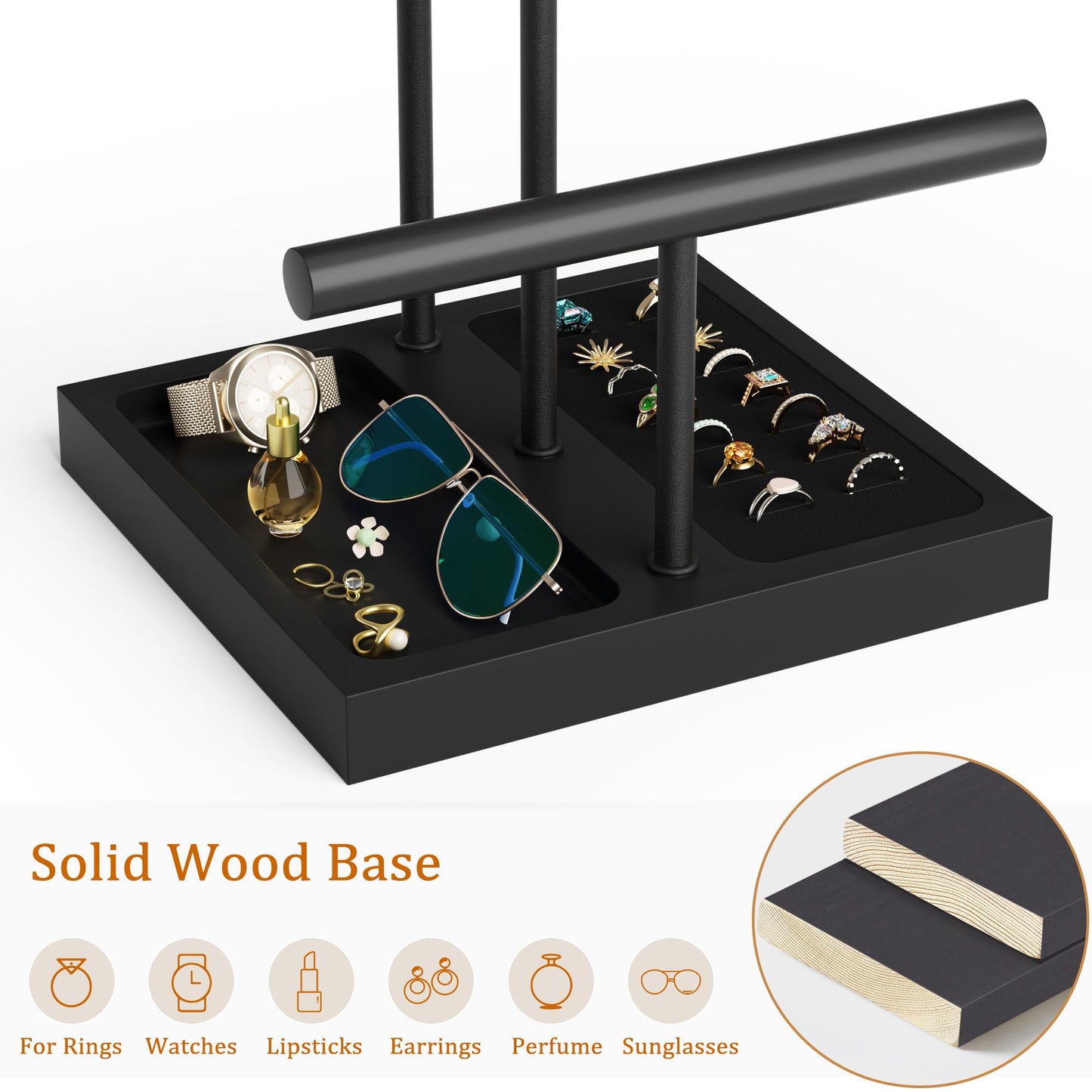 SZQINJI Bracelet Holder Display Organizer Stand, Necklace Holder Jewelry Holder Stand, Solid Wood Base with 3 Tier Metal T-bar for Bracelet Necklace Scrunchie Wristband Bangle Watch Ring, Black