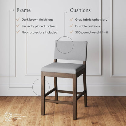 Nathan James Linus Modern Upholstered Counter Height Bar Stool with Back and Solid Rubberwood Legs in a Dark Brown Wood, Natural Light Grey/Brown