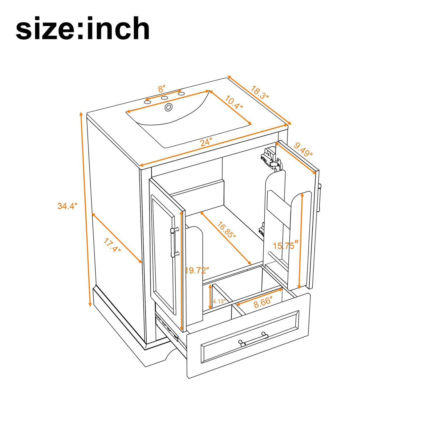 Merax 24" Bathroom Vanity with Sink & 1 Divider Drawer & 2 Soft-Close Doors (Double Shelf on Door), MDF and Solid Wood Frame, Freestanding Vanity Cabinet (Black)
