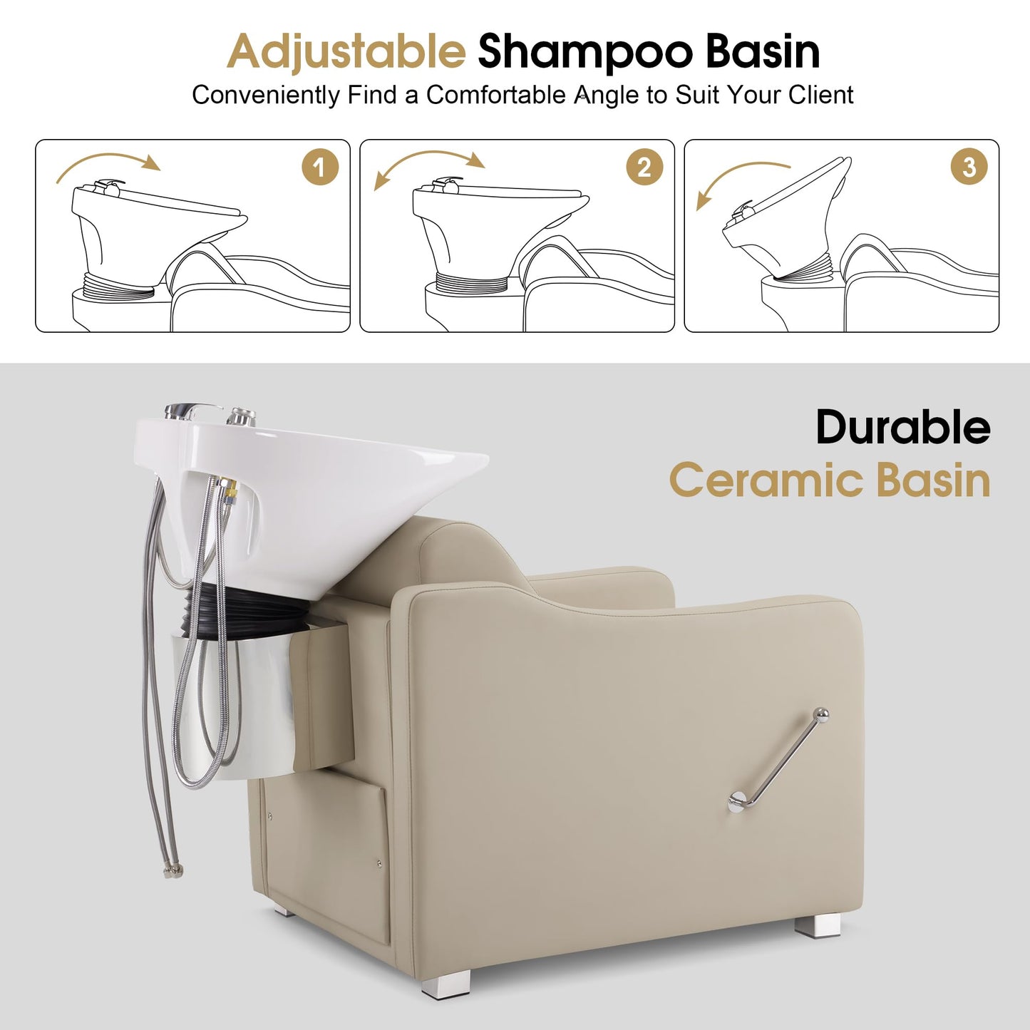 BarberPub Backwash Shampoo Station Chair, Adjustable Porcelain Ceramic Hair Wash Bowl with Chair, Shampoo Station for Barber Shop, Spa Beauty Salon Equipment 9364 (Creamy White)