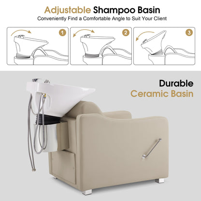 BarberPub Backwash Shampoo Station Chair, Adjustable Porcelain Ceramic Hair Wash Bowl with Chair, Shampoo Station for Barber Shop, Spa Beauty Salon Equipment 9364 (Creamy White)