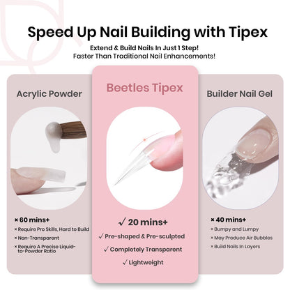 Beetles Tipex Gel Nail Kit, Medium Almond Nail Tips 224 Pcs 16 Sizes Pre-Building Pre-Etched Thick Acrylic Tips with Tipex Glue, Mini Lamp