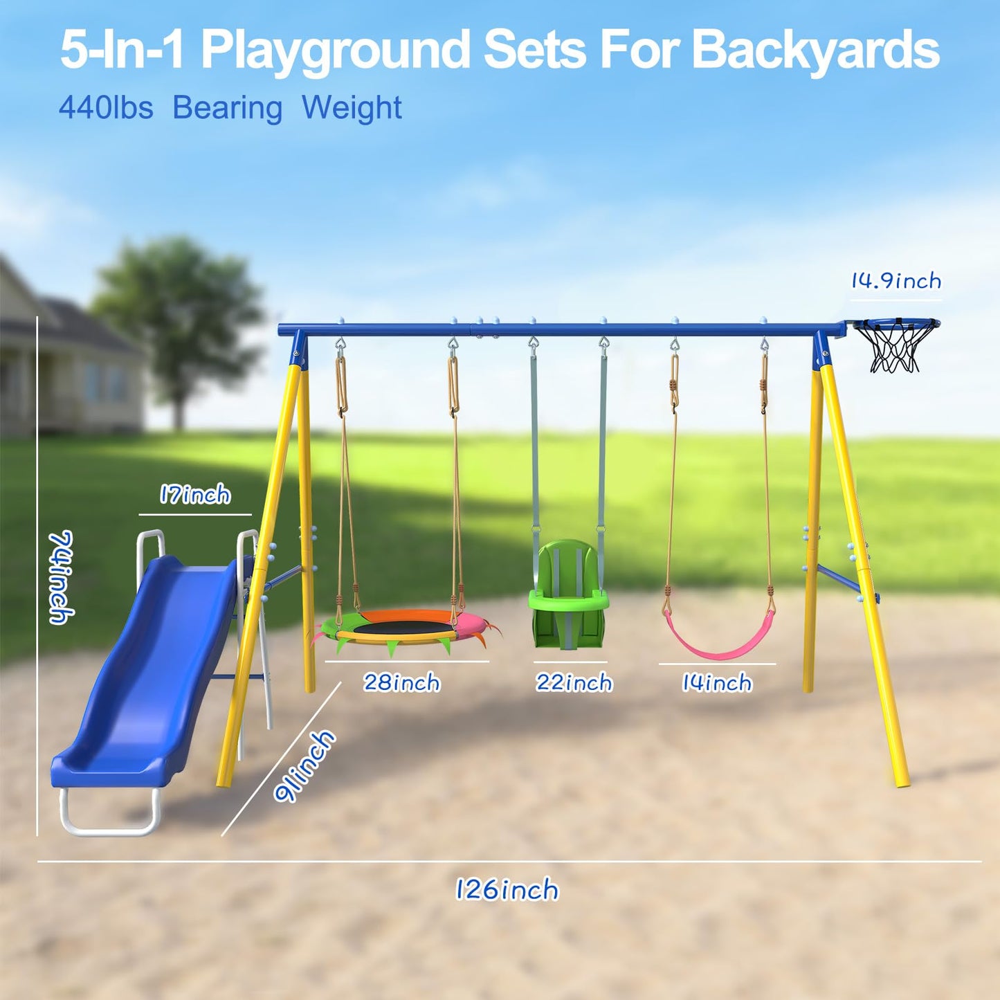 JYGOPLA Metal Swing Sets for Backyard, 5-in-1 Kids Swing Set Slide Combo with Saucer Swings, Baby Safety Swing & Basketball Hoop for Ages 3-12