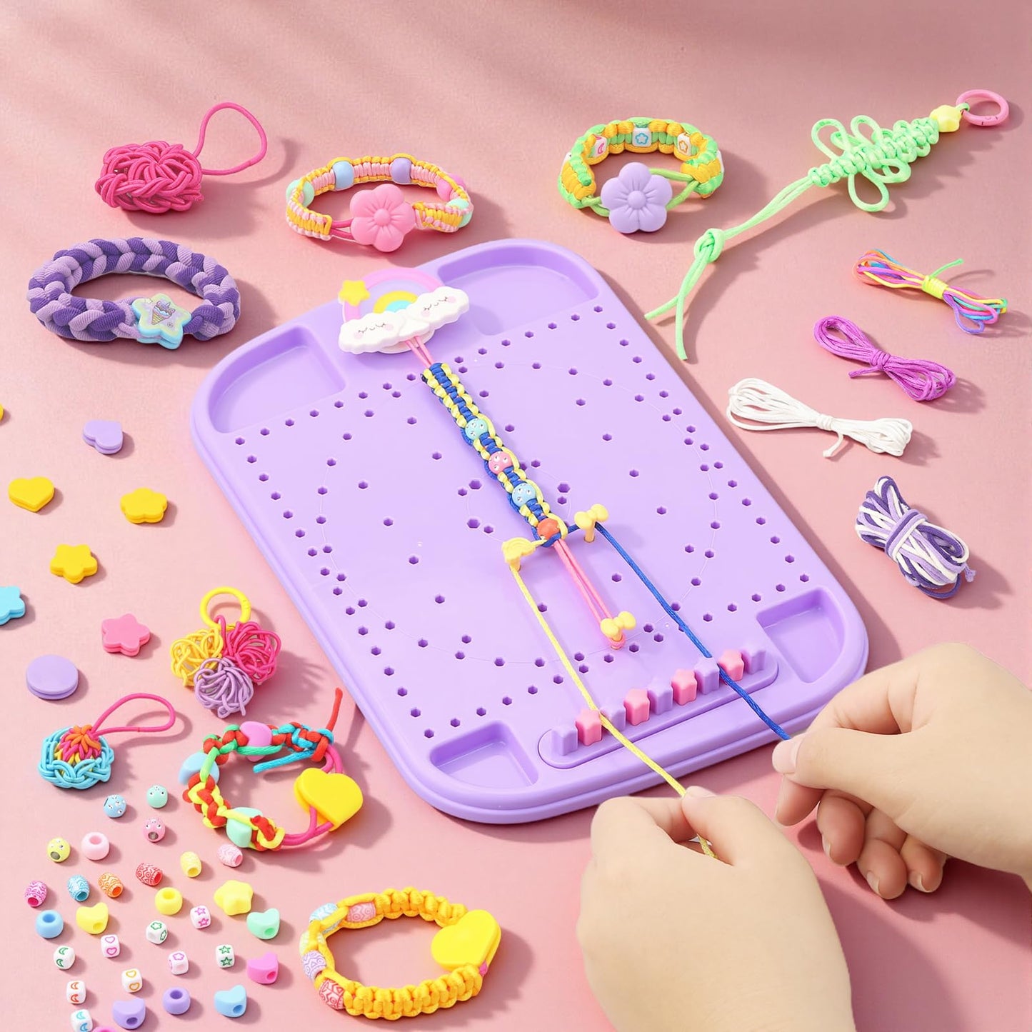 Friendship Bracelet Making Kit & DIY Weaving Loom, 500+ Colorful Ropes, Bands & Beads, Creative Arts and Crafts Gift for Girls Ages 6–12, Ideal Christmas Gifts for Girls Ages 5 6 7 8-12 Pink