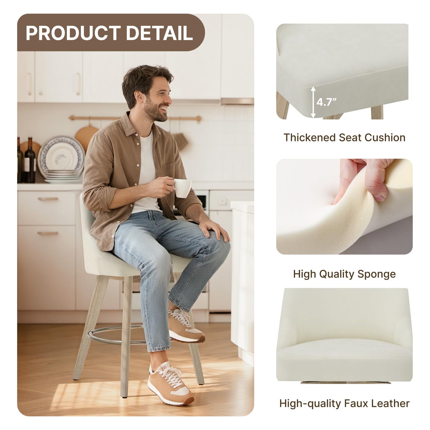 Counter Height Bar Stools Set of 4, Modern Swivel Barstools with Back and Wood Legs, Fabric Upholstered Bar Chairs, 26" Seat Height Counter Stools for Kitchen Island,Ivory