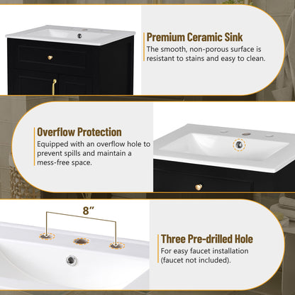 Favfurish 24" Bathroom Vanity with Ceramic Sink,Free Standing Single Basin Vanity w/Soft Close Door and Soft Closing Drawers,Wooden Bath Cabinet with Double Storage Racks on The Door,Black