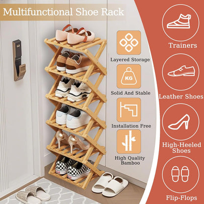 3 Closet Tier Natural Bamboo Shoe Rack,Foldable Space Saving Shoe Storage Organizer,Easy Assembly & Strong Design Shoes